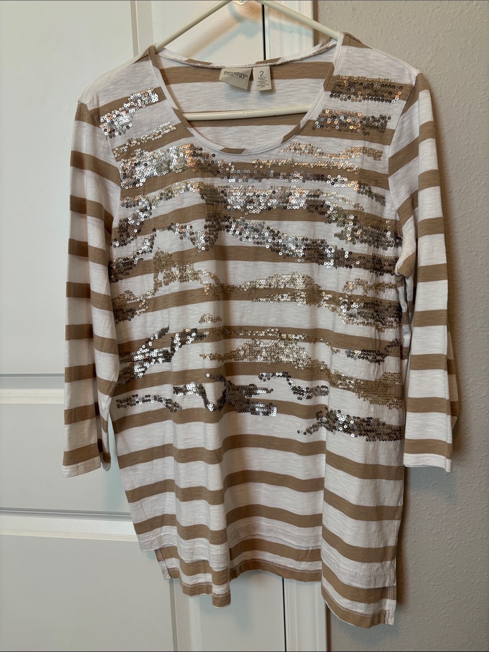 Sequin Stripe Tunic Top - Tan & White